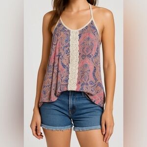 Miss Me Paisley-Patterned Spaghetti Strap Top With Crochet Lace Trim